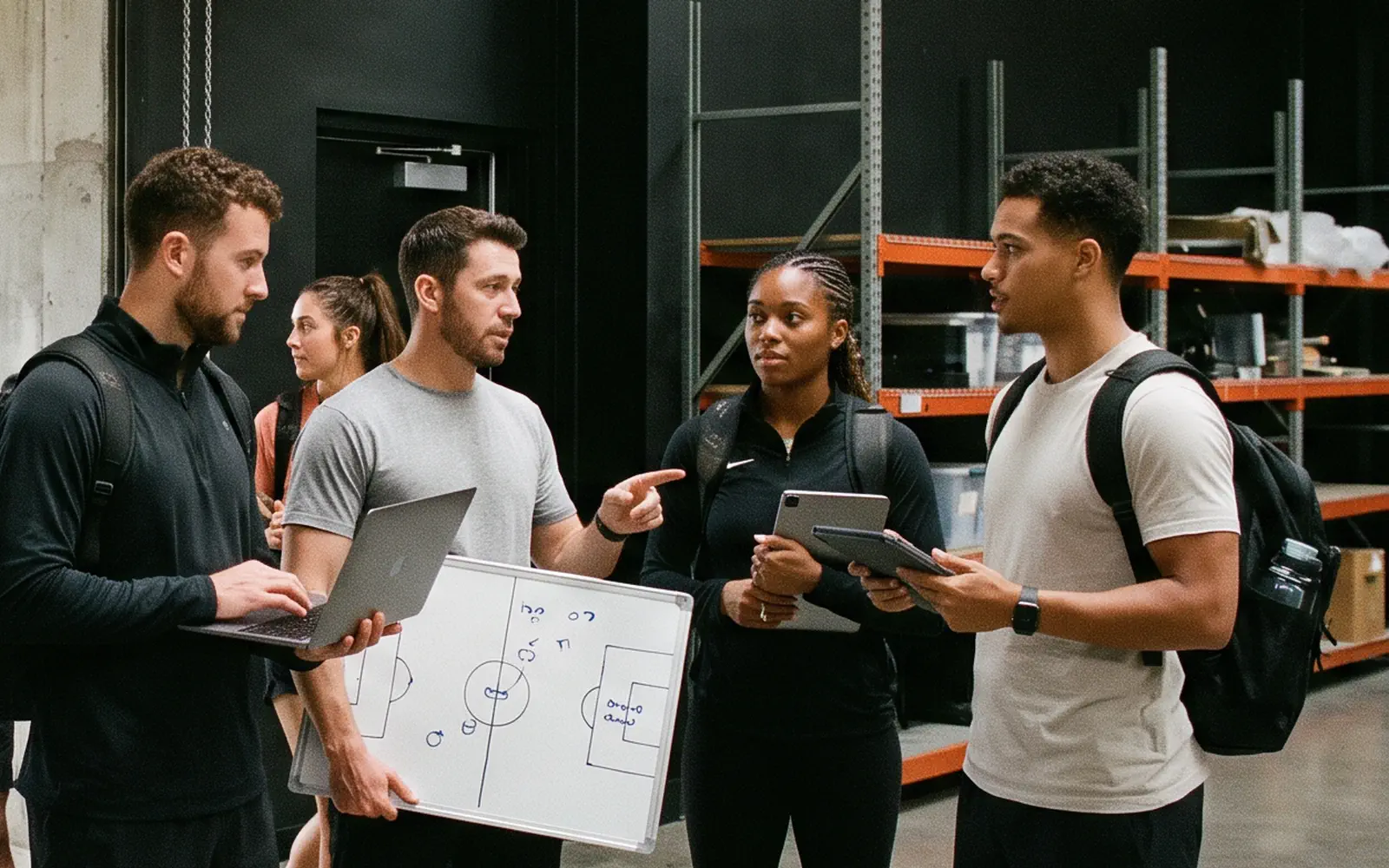 Athletes and a coach working through a game plan together in a modern workshop space.