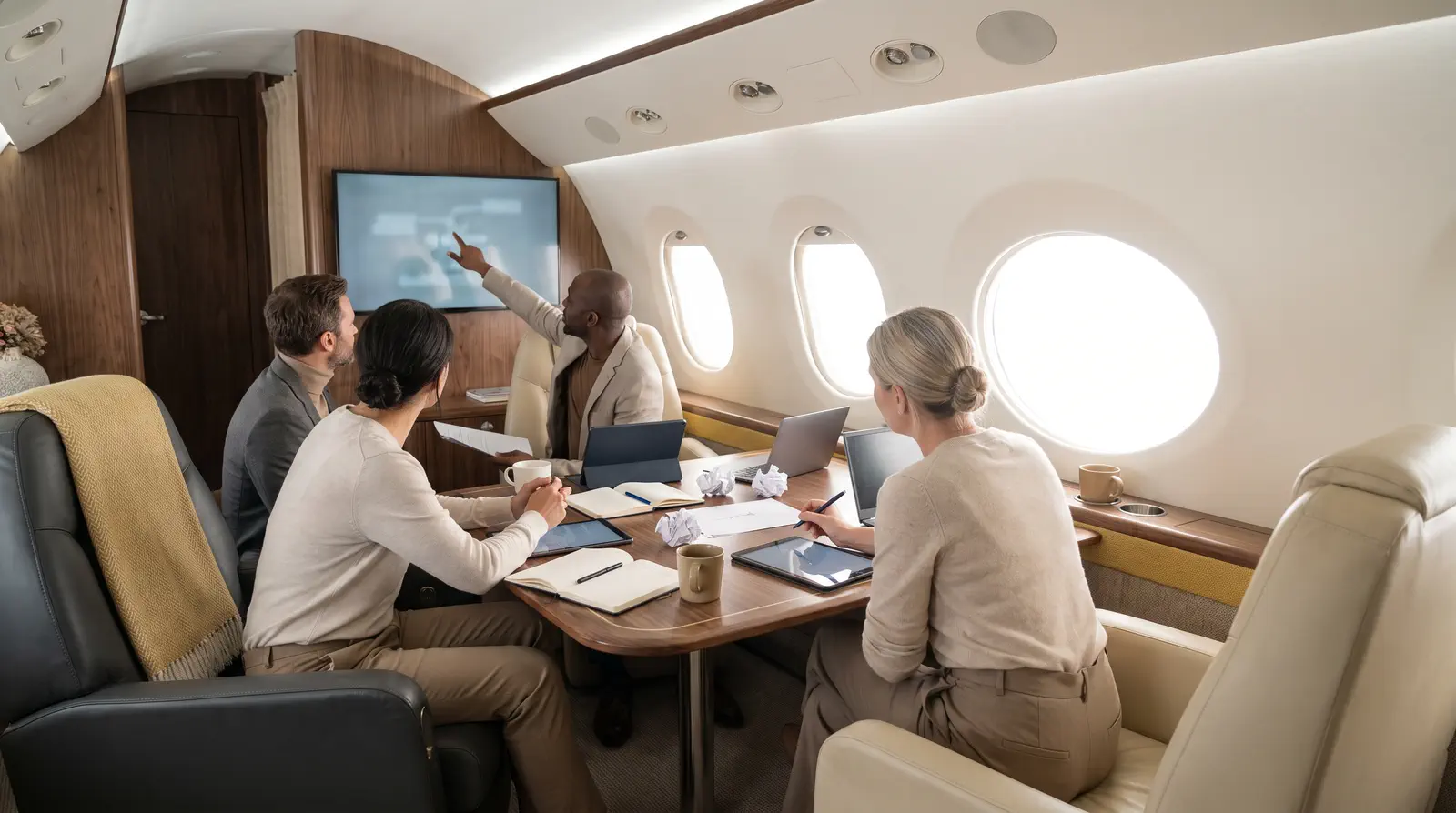 A small group of founders and mentors working together in a private aircraft cabin.